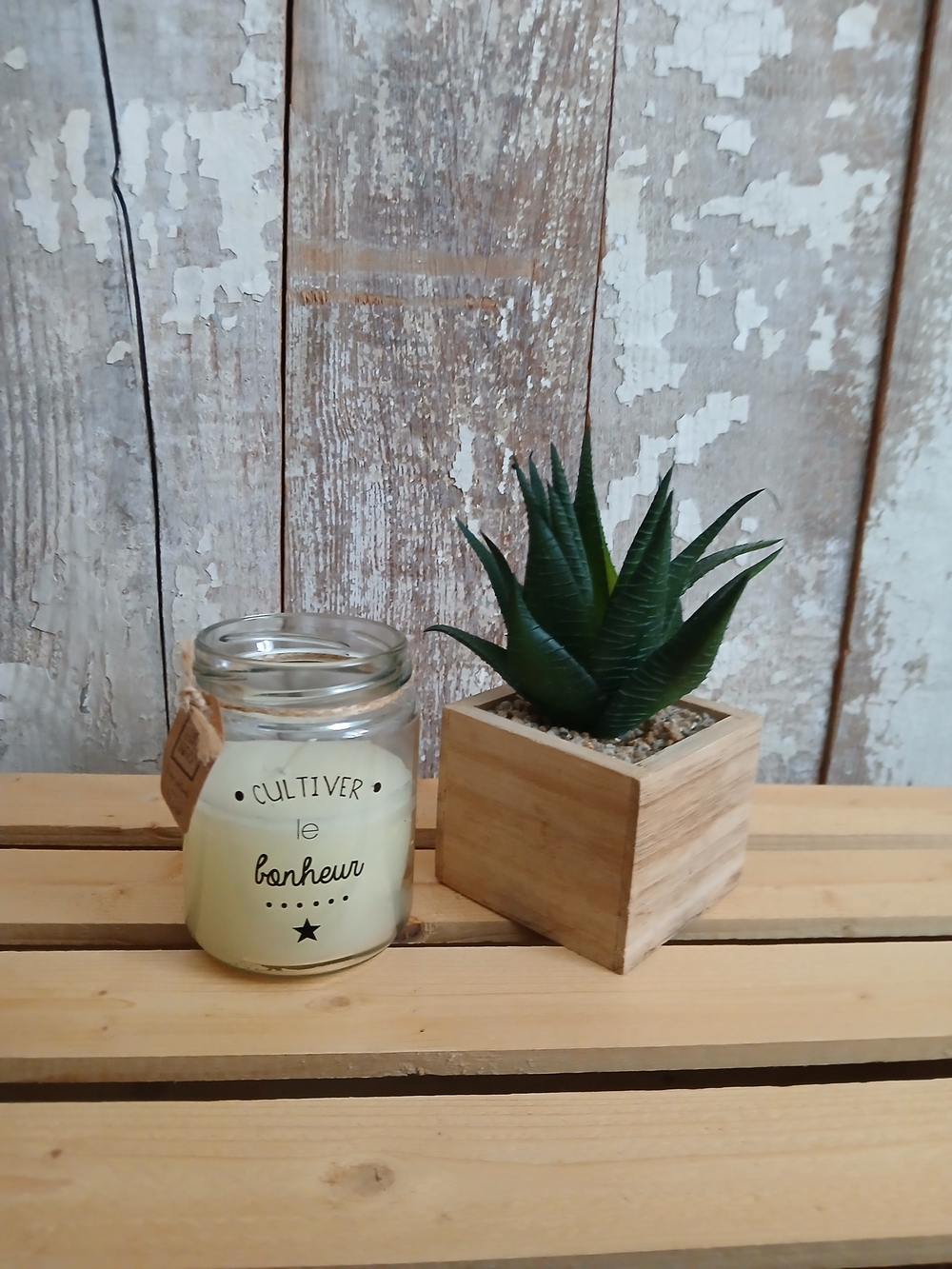(2/15$)Cultiver Le Bonheur Off White Candle Jar / Fake Succulent In Wood Box
